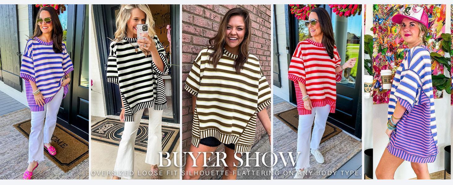 Imily Bela Womens Oversized Striped Shirt Summer Half Sleeve Tops Crew Neck Sweatshirts Casual Blouse