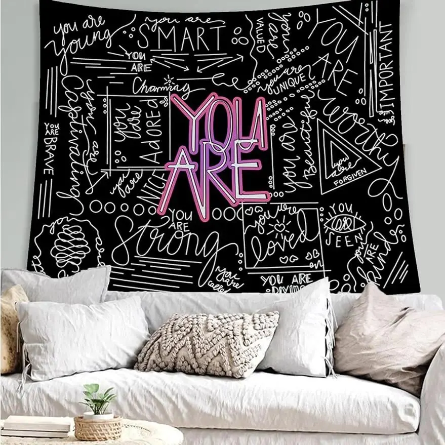 50x60 In Black Polyester Inspirational Quote Tapestry  Lightweight Shiny Durable Simple Chic Gallery Wall Girly Inspirational Artwork Home Decor Wall Hanging for Teen Girl Bedroom, Shiny Durable Tapestries, Simple Chic Tapestries