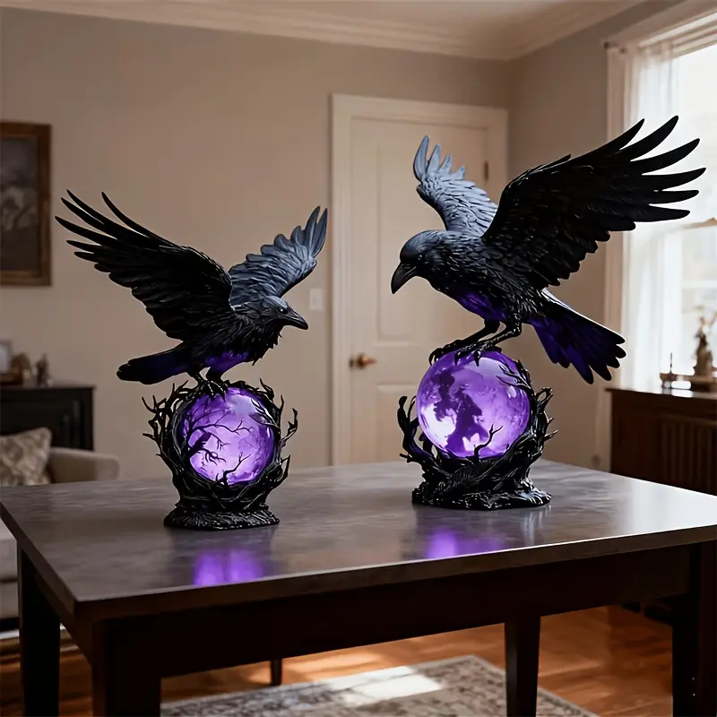 Gothic Resin Crow Night Light, USB-Powered Wing-Spreading Crow Table Lamp with Rose-Red Glowing Thorn Sphere, Dark Vintage Decorative Bedside Lamp, Mysterious Halloween Home Ornament, Unique Exclusive Gift for Gothic Enthusiasts