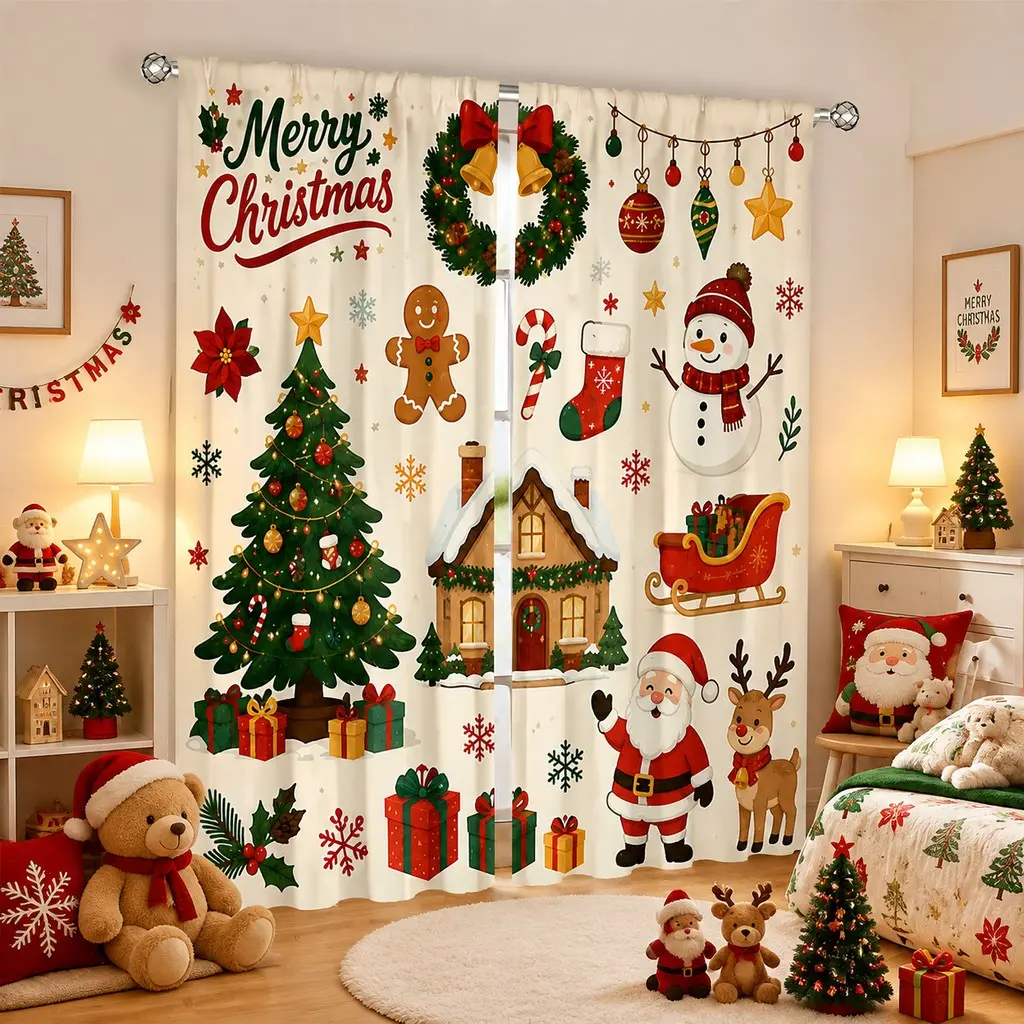 2-Pack Cartoon Christmas Curtains, Featuring Santa, Snowman, Tree, Gingerbread Man, House, Gift Box, Soft Cute Style, Perfect for Holiday Decor