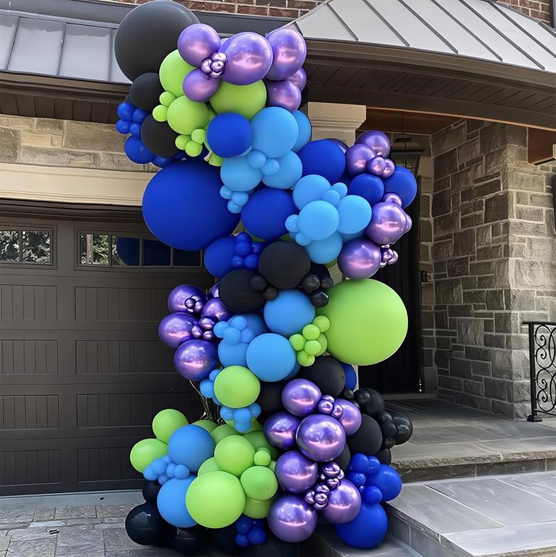 106 game themed balloon decoration set with sci-fi elements, blue, black, purple latex balloons, and black explosive star game controller are perfect for boys' game themed birthday parties, sci-fi themed parties, bachelor parties, baby showers