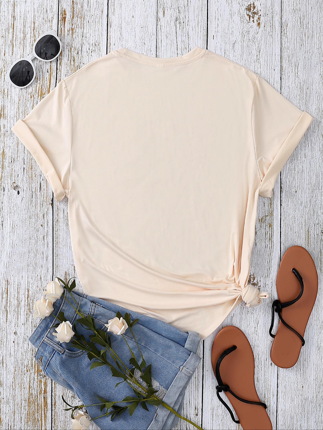 Women's Letter & Cowboy Hat Print Round Neck Graphic Tee, Vintage Trendy Casual Short Sleeve T-shirt for Daily Wear, Ladies Summer Clothes