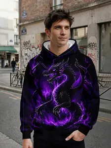 Men's 3D digital print hoodie with dark-style purple flame lightning black dragon all-over print. It stands out for daily outings and music festivals, making it an ideal holiday gift for men.
