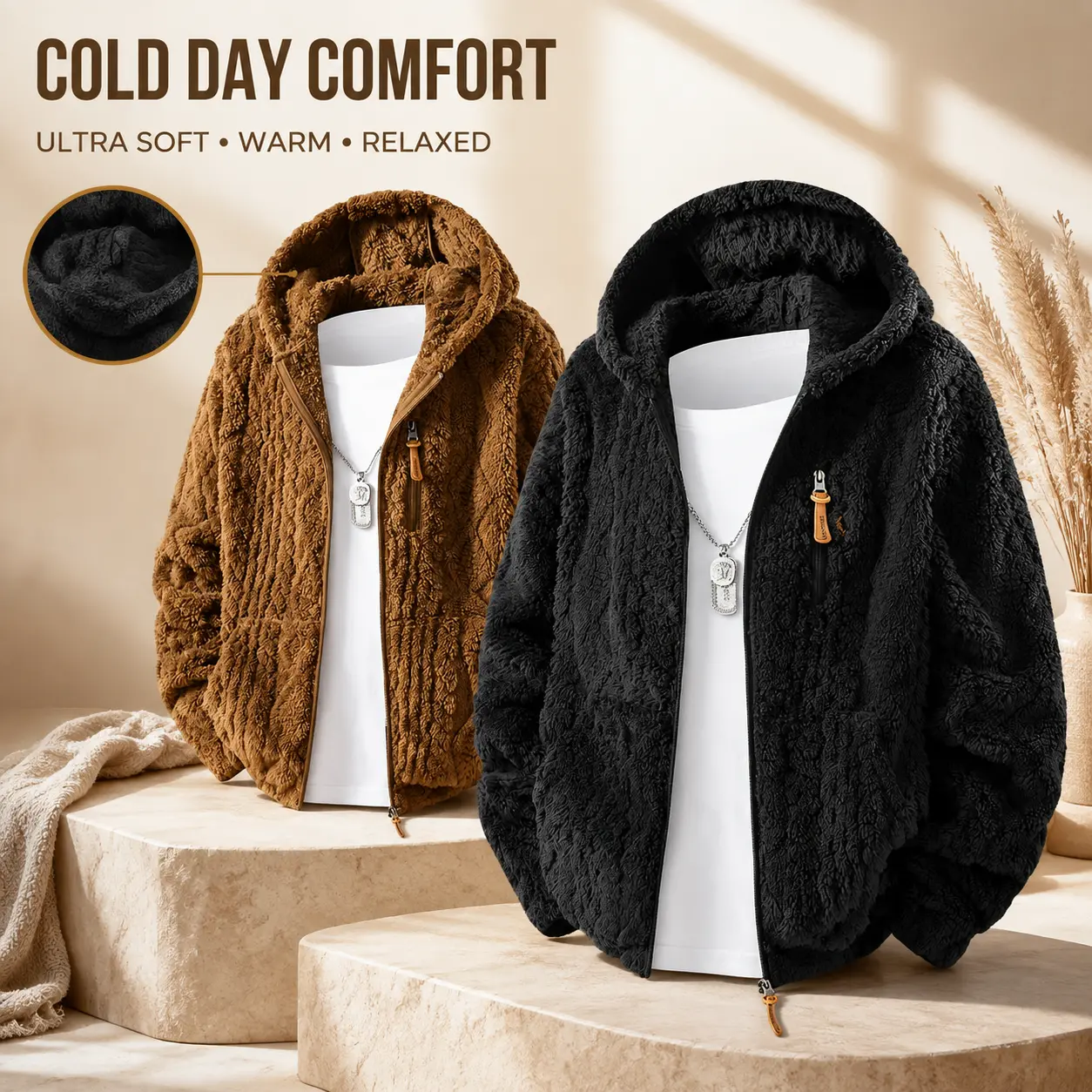 Men's Cable Knit Textured Sherpa Hooded Jacket, Full Zip Fuzzy Warm Coat