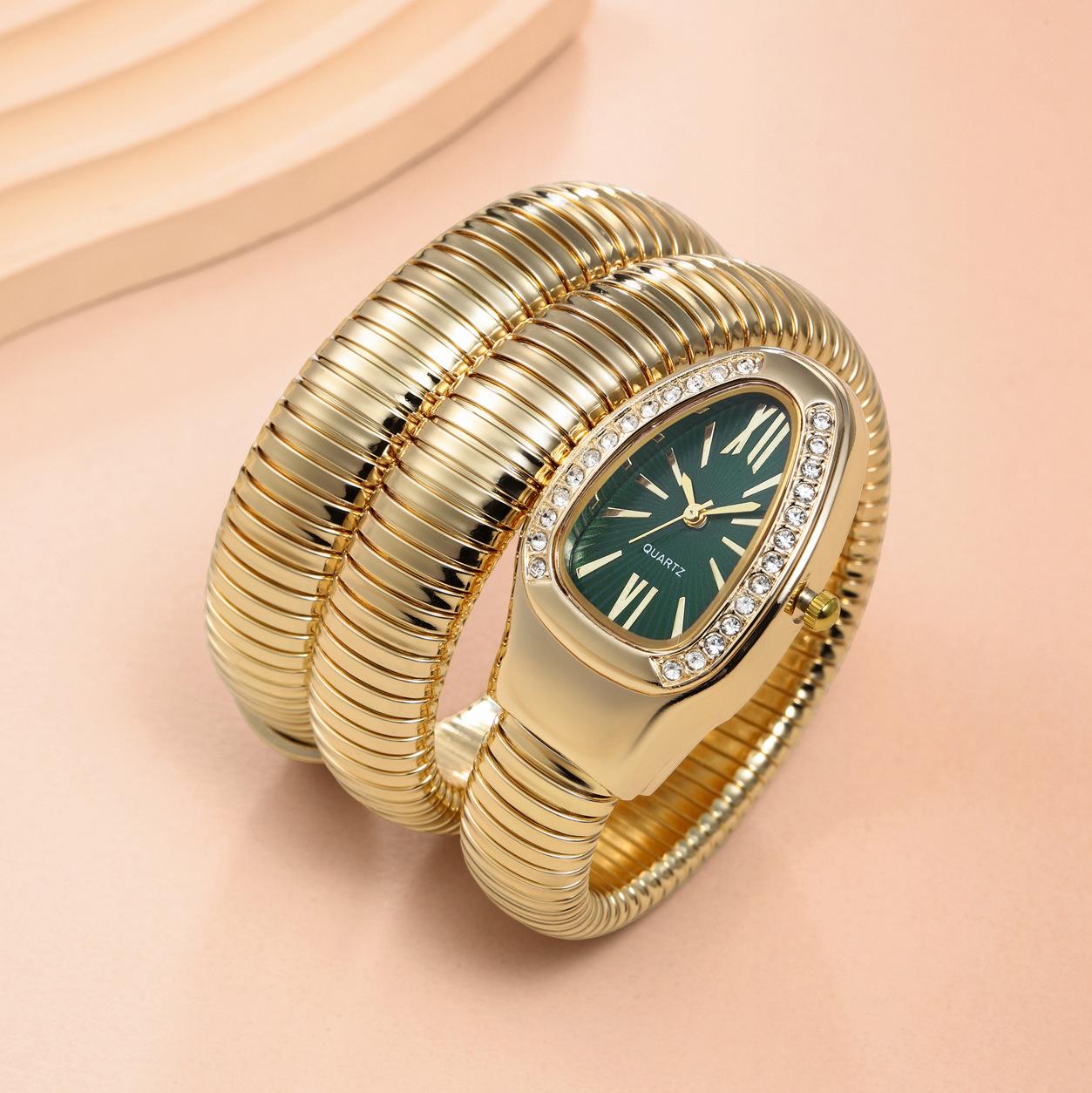 Women's Luxury Gold Snake Bangle Quartz Watch - Wrap Around Wristwatch with Crystal Diamond Bezel, Mother of Pearl Dial, Roman Numerals, Elegant Retro Statement Timepiece, Perfect Gift for Her