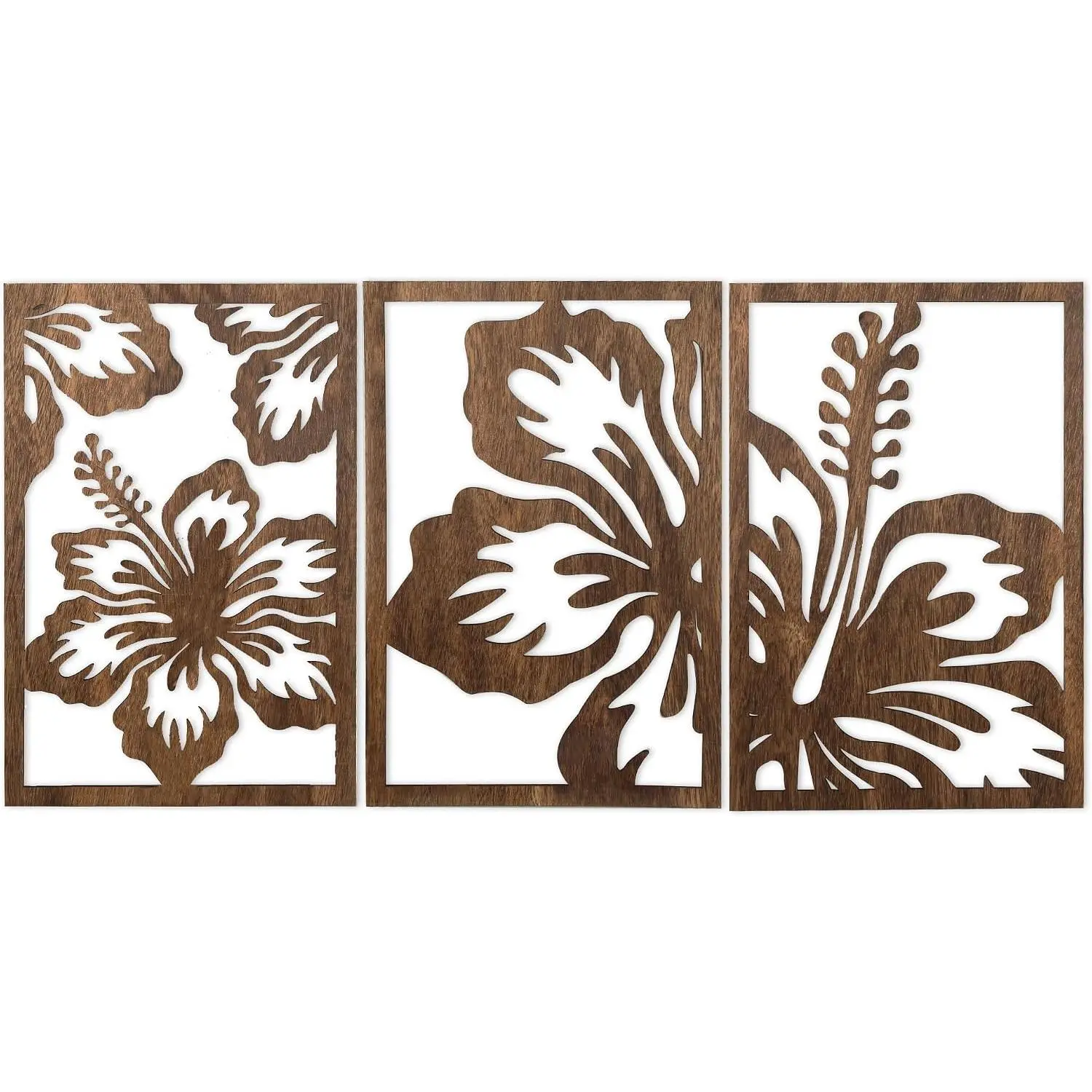 Motivilla 3 Pieces Wood Wall Art Floral Decor, 3D Layered Flowing Flower Wooden Wall Sculptures, Nature Inspired Hanging Aesthetic Decor for Living Room Bedroom Office (Dark Flower, Large)