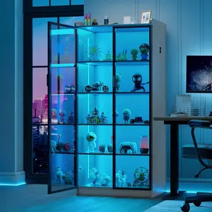 65 Inch Tall LED Display Cabinet with Human Body Sensor Lights, 5-Tier Bookcase with Adjustable Shelves, Large Storage Collectible Display Cabinet for Living Room & Office Decor
