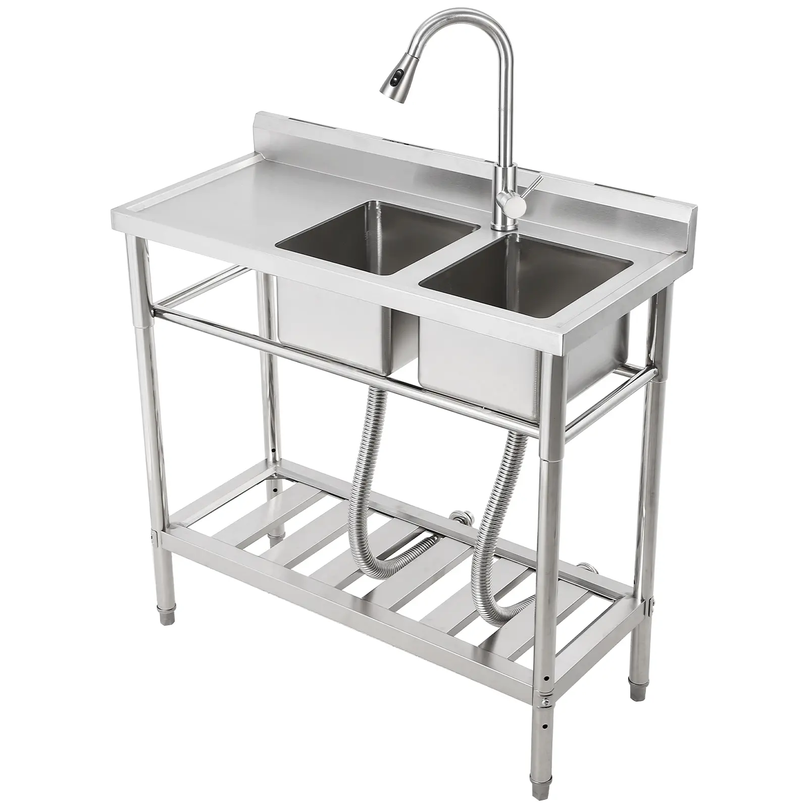 Double Bowl Stainless Steel Utility Basin – Freestanding Commercial Grade Laundry Room Basin with Hot & Cold Faucet, Removable Filter Basket, Adjustable Legs, Corrosion Resistant