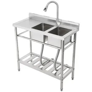 Double Bowl Stainless Steel Utility Basin – Freestanding Commercial Grade Laundry Room Basin with Hot & Cold Faucet, Removable Filter Basket, Adjustable Legs, Corrosion Resistant