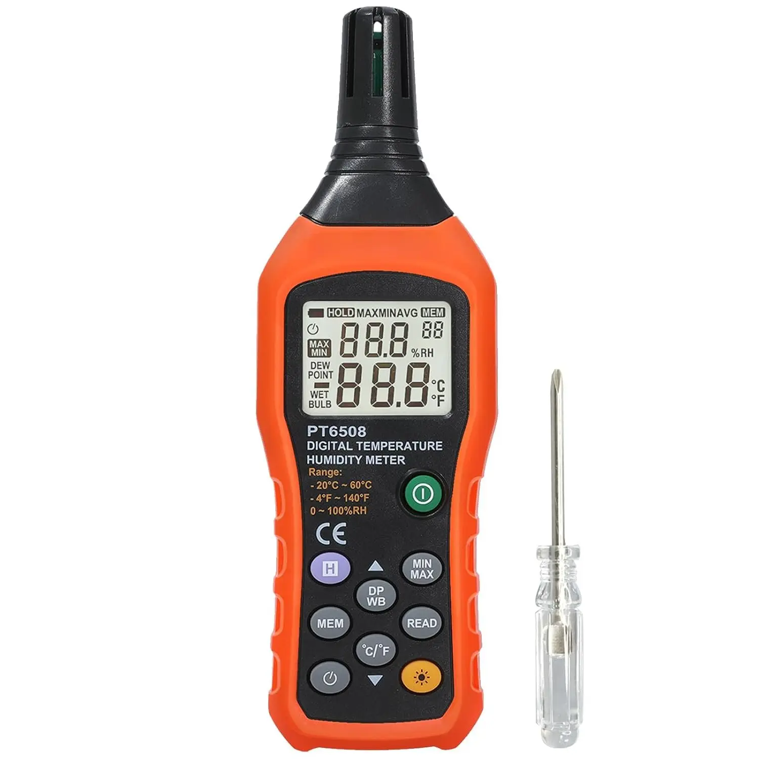 Digital Temperature Humidity Meter, Thermometer Hygrometer with Ambient Dew Point and Wet Bulb Temperature Indoor and Outdoor, Data Logger with Min/Max Hold, LCD Backlight, PT6508