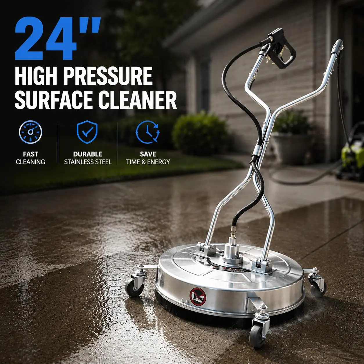 Garvee 24 in Pressure Washer Surface Cleaner Attachment, 4900 PSI Max - Stainless Steel - 4 Wheels - Dual Handles - Rotating Nozzles - 3/8 in Connector + 1/4 in Adapter - for Driveway/Concrete/Patio/Deck