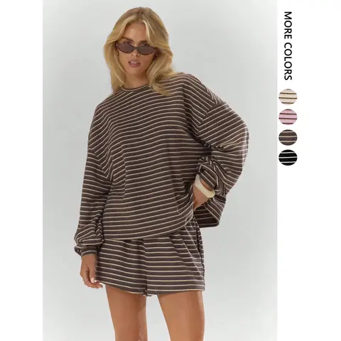 Women's Striped Set, Loose Fit Oversized, Casual Round Neck Long Sleeve Top, Pocket Shorts, 2-Piece Set, Soft Comfortable, Thick Warm Home Wear Everyday