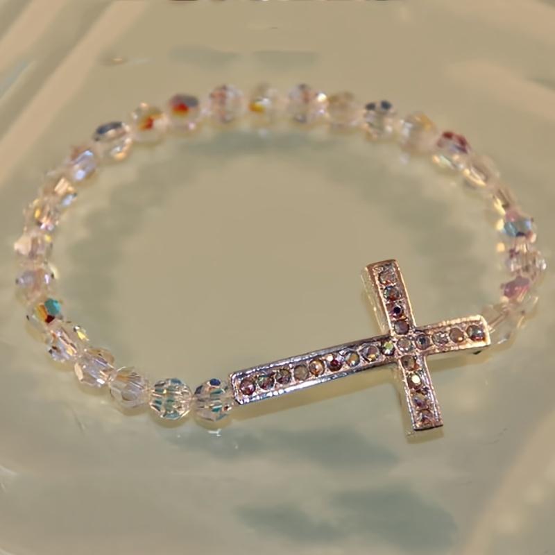 1pc Bohemian & Classic Style, Artificial Crystal Match Rhinestone With Cross Pendant Bracelet, Women's Delicate Jewelry Accessory For Daily Wear, Handmade Idea Gift Friends