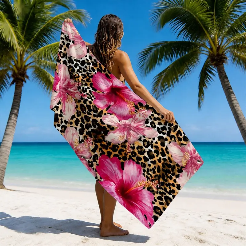 1pc Pink Hibiscus Floral Leopard Print Tropical Beach Towel, Quick Dry Towels, Lightweight Quick Dry Super Absorbent Sand Free Durable Machine Washable Microfiber for Beach, Pool & Outdoor Activities Gift for Women Family