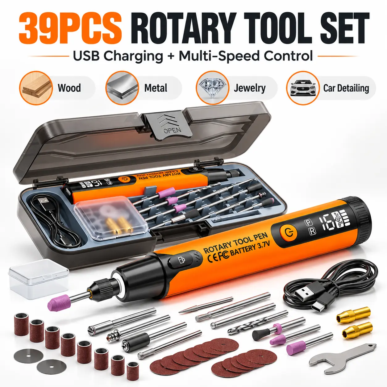 39pcs USB-Powered Rotary Tool Kit with Multi-Speed Control, Electric Grinding & Polishing Set for Wood, Metal, Jewelry, Car Detailing and DIY Projects