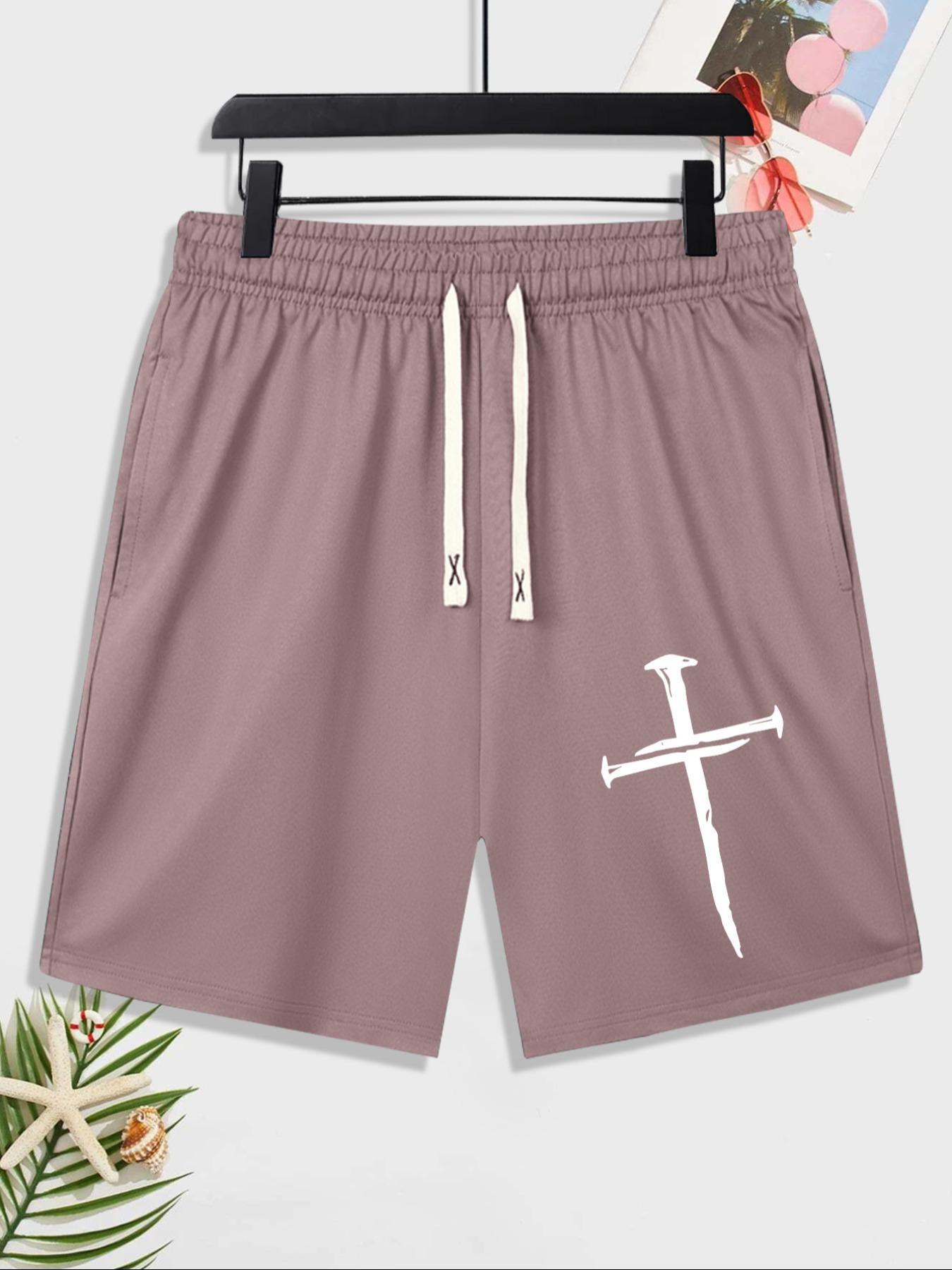 Emo Outfits Men's Stylish Cross Graphic Drawstring Shorts, Regular Fit Casual Breathable Elastic Waist Straight Leg Shorts, Summer Clothes, Shorts for Men, Mens Streetwear Clothing, Menswear, Cross Print Shorts