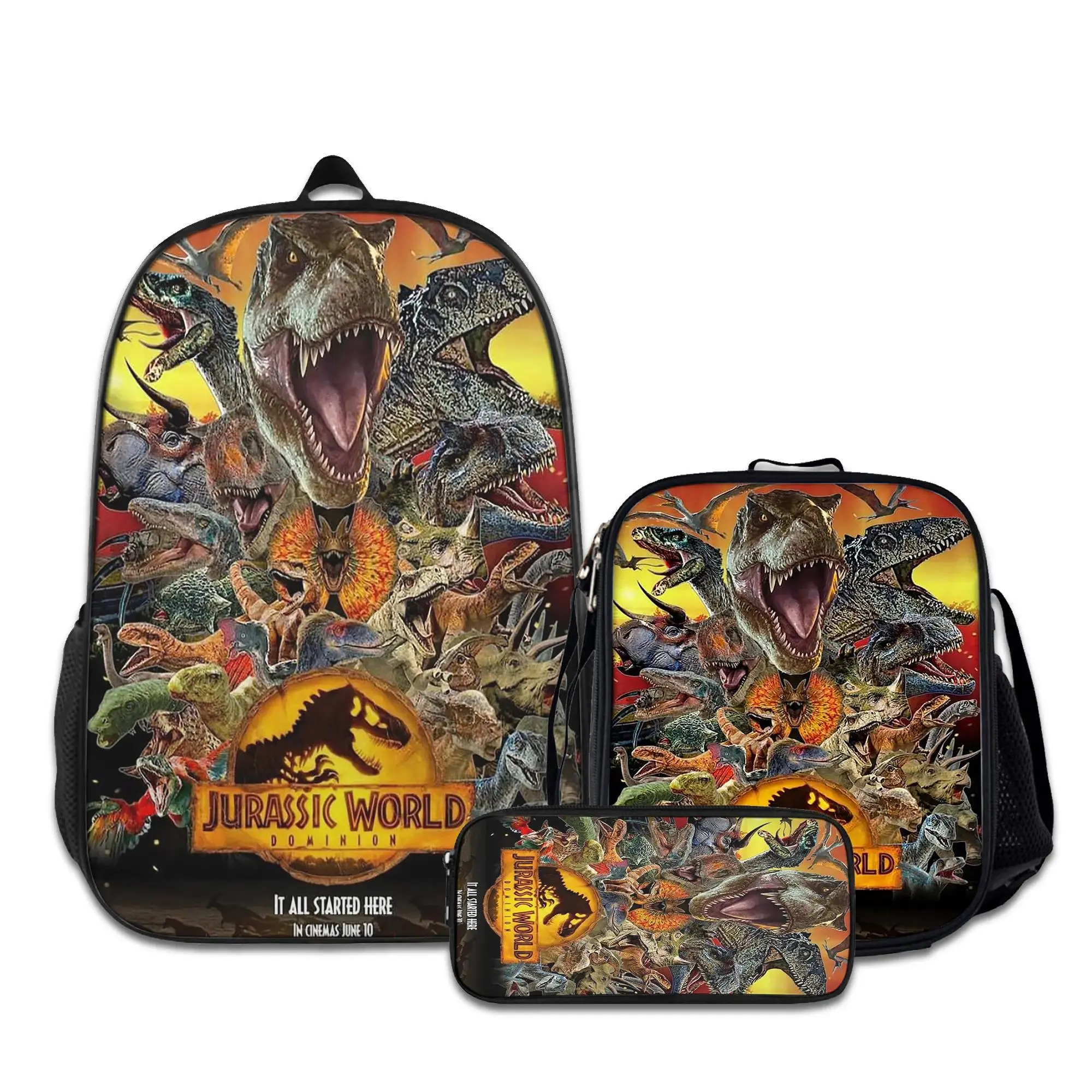 3PCS Waterproof Backpack Set - Cute Jurassic-Park-1 Design, Includes School Backpack, Lunch Box & Pencil Case for Teens, Lightweight Functional Bag for Travel, Work