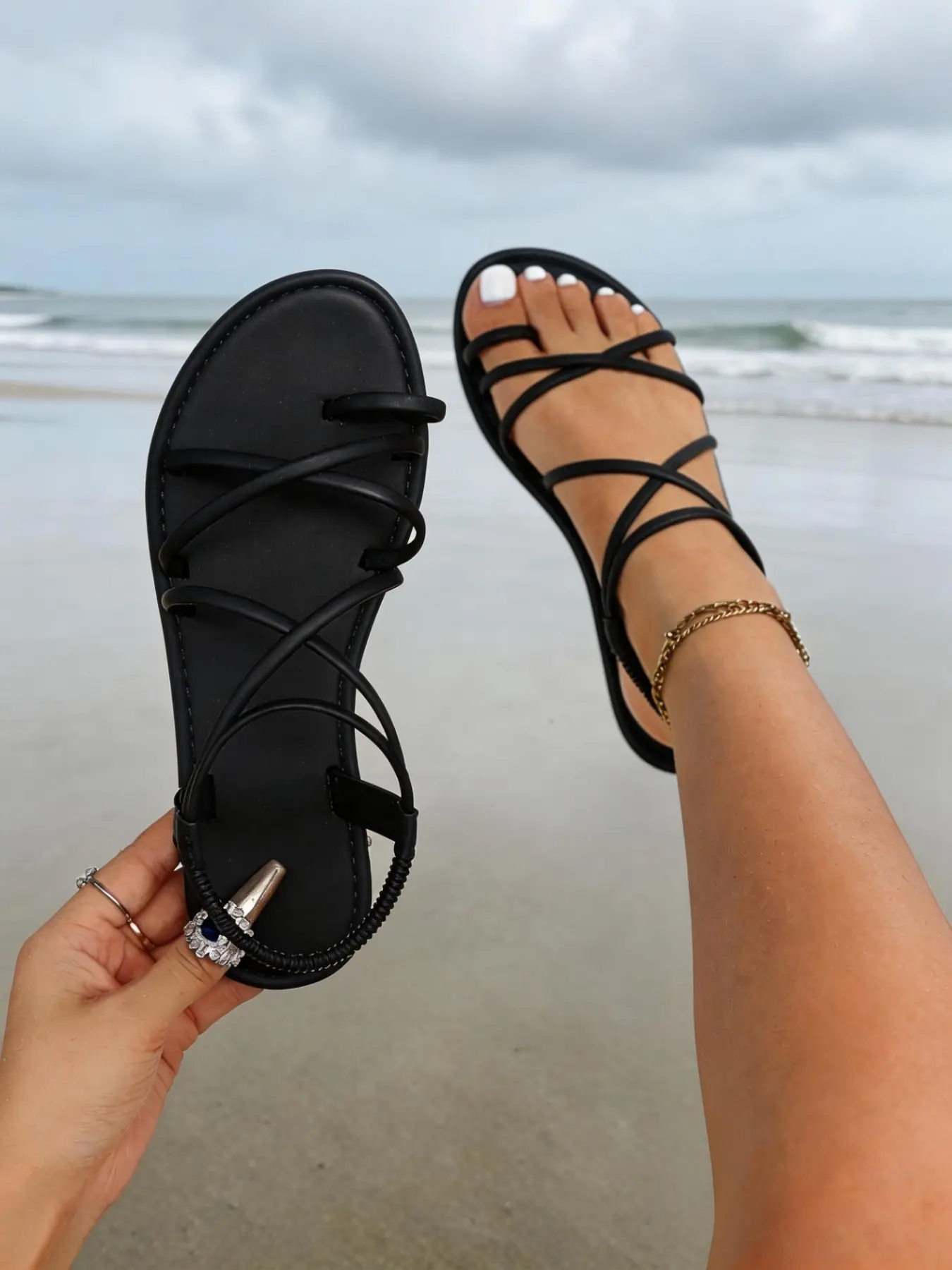Premium Soft Faux Leather Women's Crisscross Strappy Flat Sandals, Open Toe Elastic Ankle Strap, Summer Non-Slip Comfort Sandals, Anti Slip Sandals