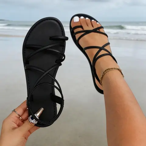 Women's Premium Faux Leather Crisscross Flat Sandals, Elastic Ankle Strap, Summer Non-Slip Comfort Sandals, Soft Open Toe Strappy Sandals, Summer Fashion Sandals
