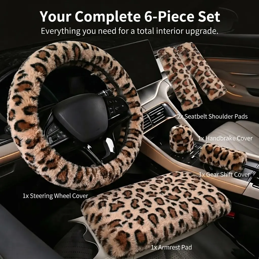 6pcs Leopard Print Car Steering Wheel Covers, Winter Handbrake Gear Shift Shoulder Rest, Universal Fit for 36-38cm Wheels, Women's Car Interior Accessories