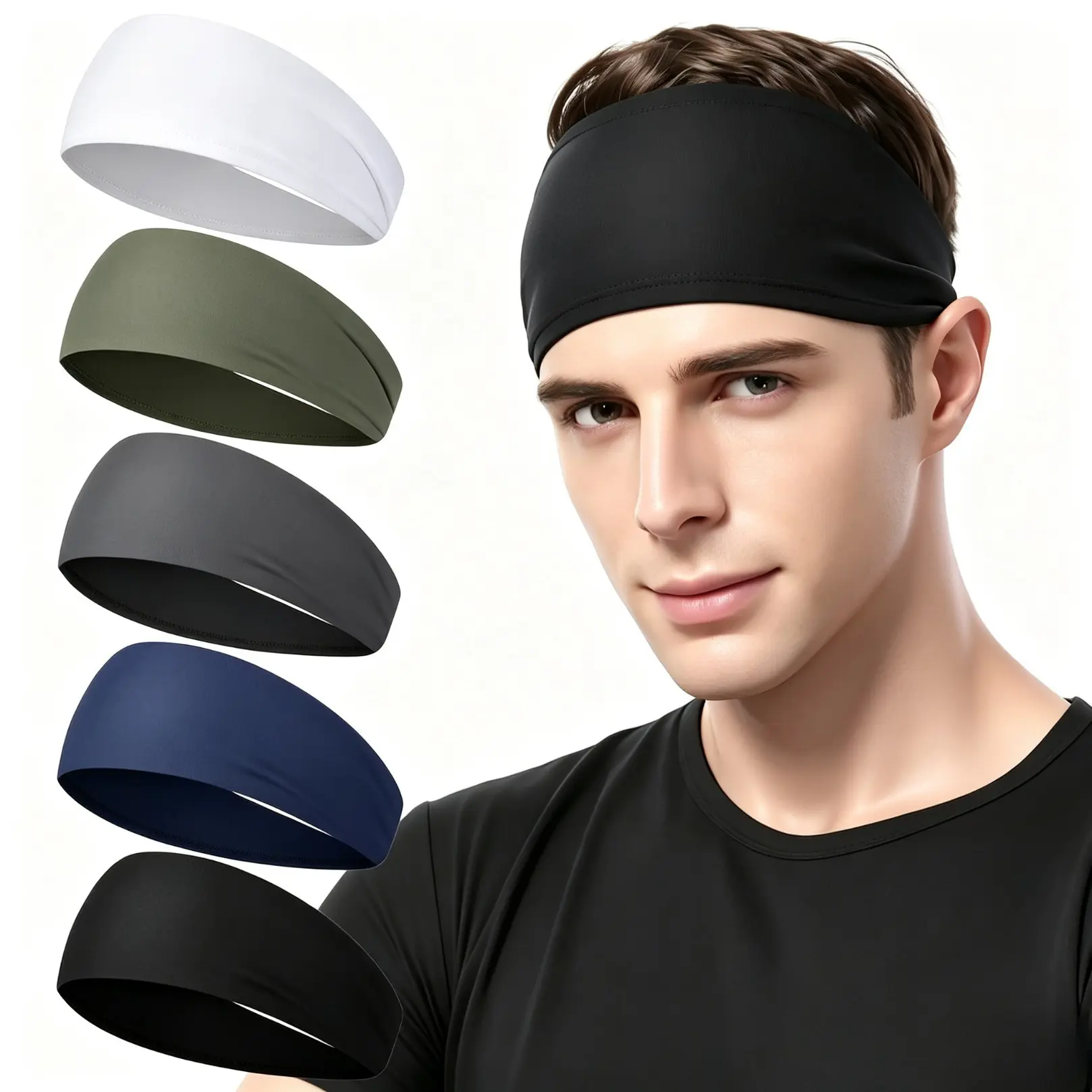 Unisex 5-Pack Solid Color High Elastic Sports Headbands - 1 Size, Quick-Dry, Moisture-Wick, Non-Slip Stretch Hair Holders for Gym/Training, Running, Daily Fitness Activities, One Size, Running/Cycling