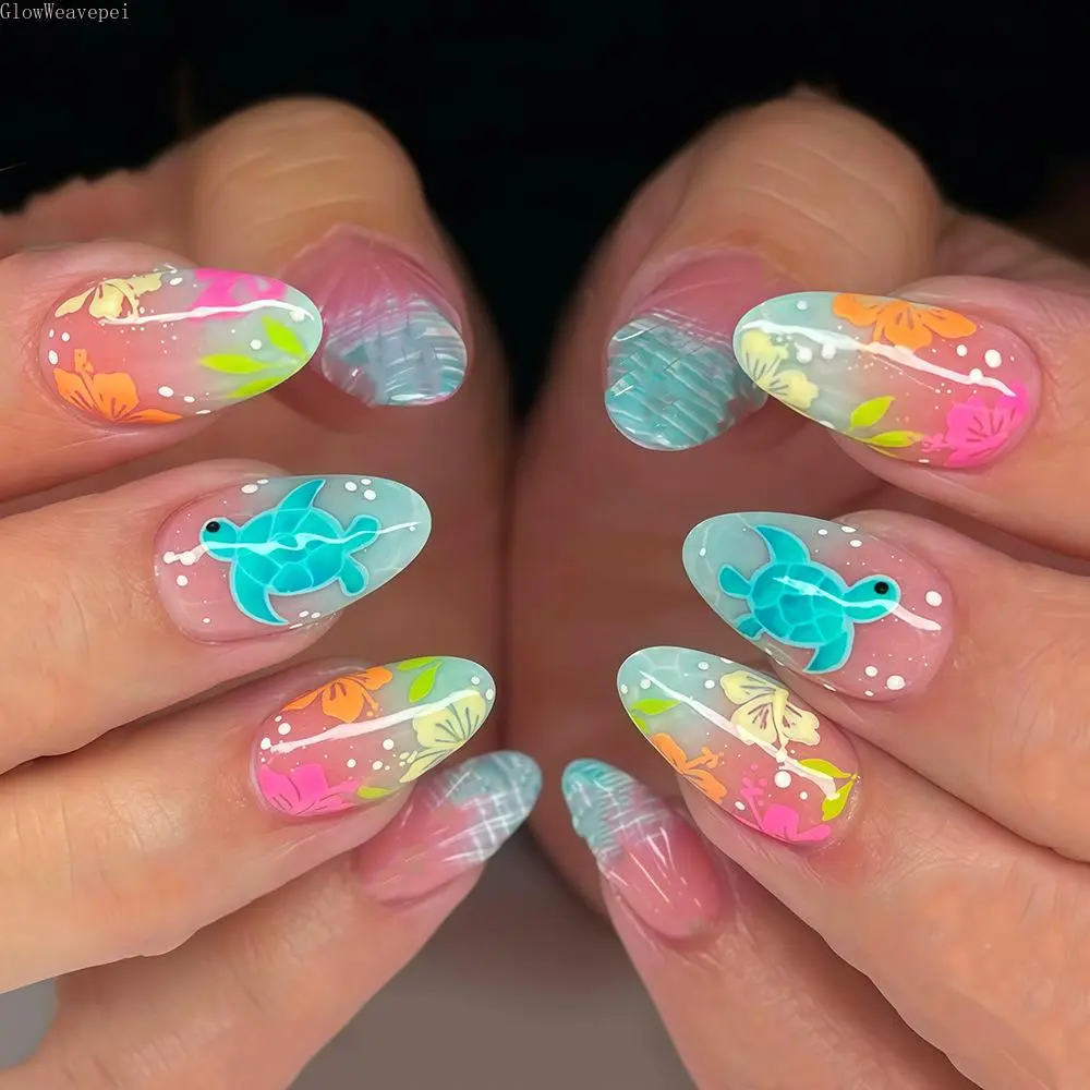 24Pcs Reusable Press On Nails Kit Includes Jelly Glue And Nail File Almond Shaped Ocean Blue Cute Sea Turtle Waves Tropical Flowers Coconut Girl Beach Vibes Nails Salon Quality Long Lasting Comfortable Fit Easy To Apply For Women