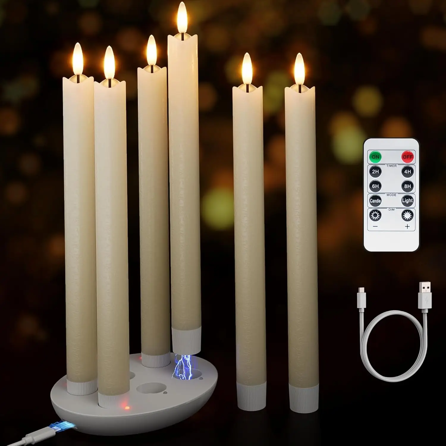 Rechargeable Flameless Taper Candles with Remote, Charging Base, 6 Pcs | 0.78x9.6" ivory wax LED tapers, 3D flicker, 2.5-hour USB-C charge, up to 160-hour runtime for Home Wedding Christmas Decor