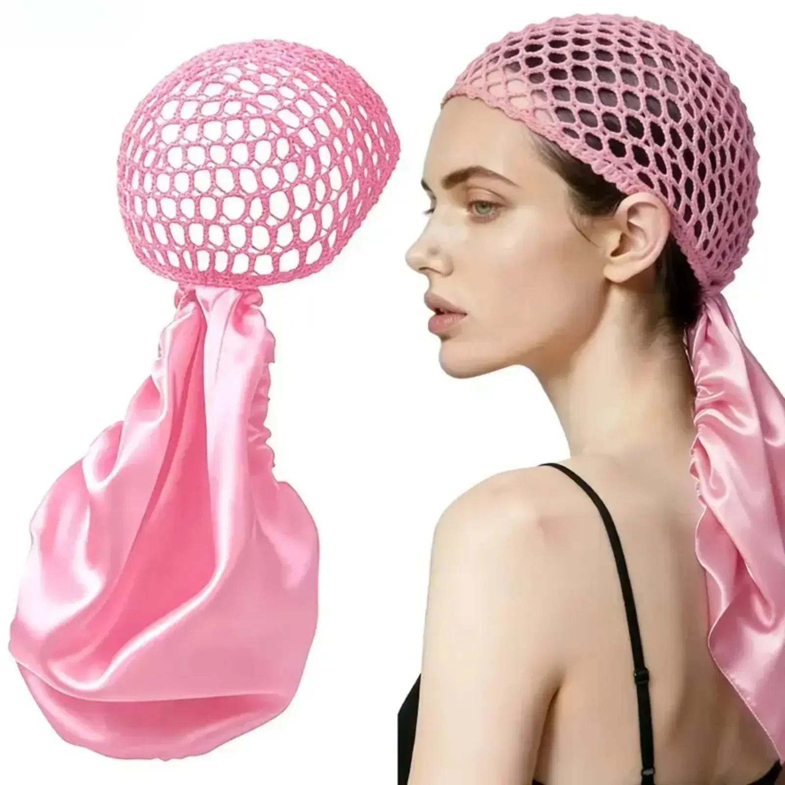 Non-Detachable Reversible Satin Hair Wrap With Mesh Net, Adjustable Soft Band Hair Accessory, Heat Friendly Handmade Design, Ideal Protective Hair Cover for Silk Press Curly Braided Hairstyle Daily Hair Care Use