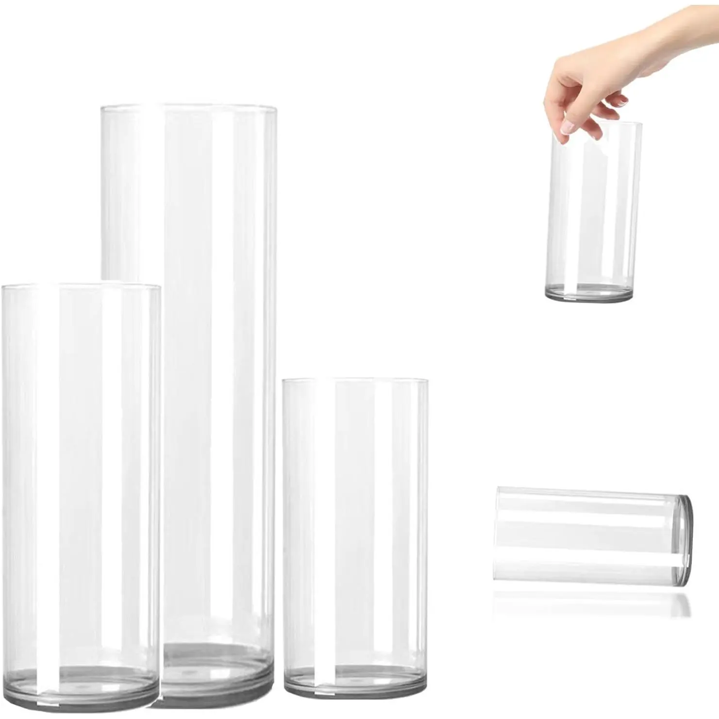 3 Small Acrylic Clear Cylinder Vase Set, Cylinder Wide Vase for Flowers, Unbreakable Plastic Hurricane Vases, Different Size for Living Room, Desk, Wedding Centerpieces Flower Bouquet Décor (H14'')