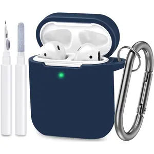 Compatible with AirPods Case Cover, Full Protective Silicone Skin Dust-Proof Designed for Apple AirPods 1st 2nd Generation with Keychain, Front LED Visible, Midnight Blue