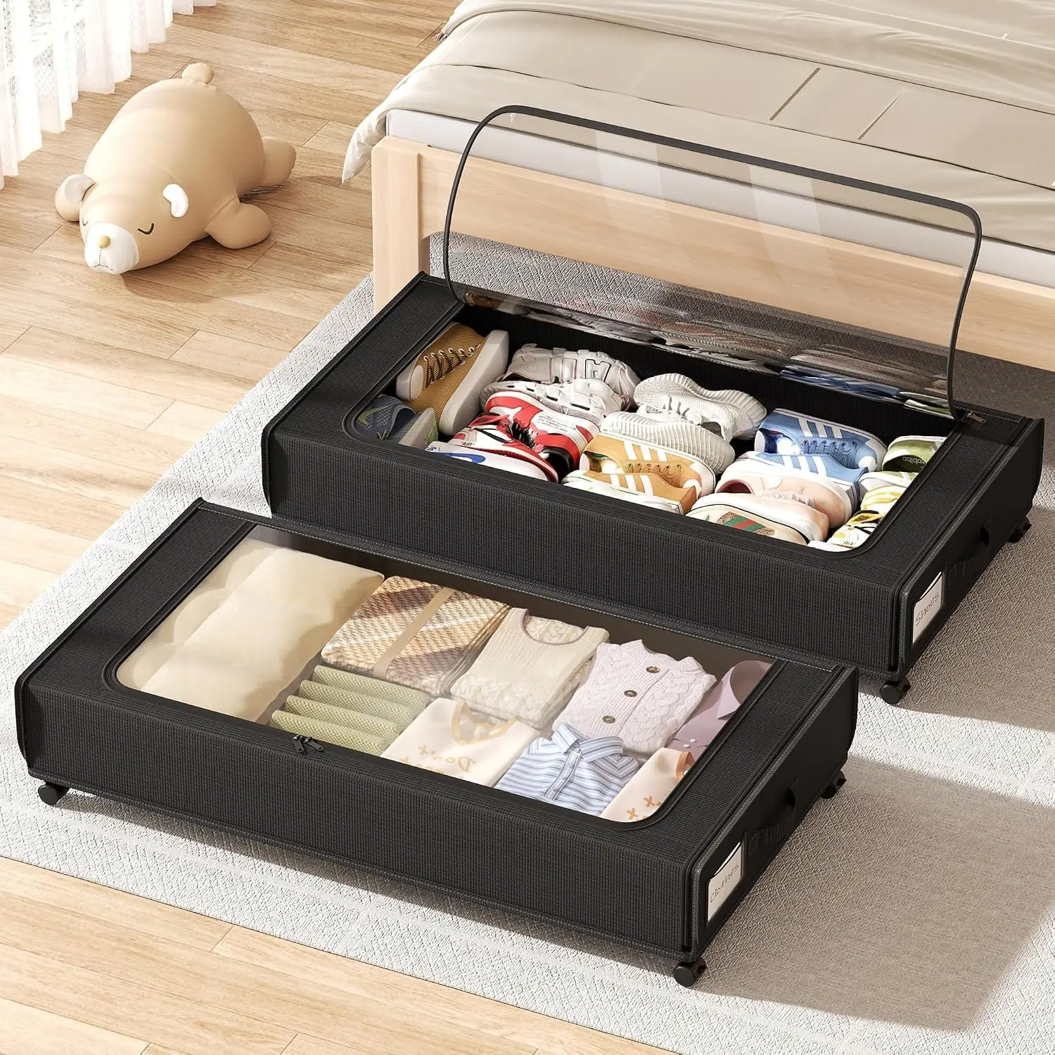 Extra Long Under Bed Storage with Wheels, BIGGEST Size Available (66L) under the bed storage Organizer with Lid&Label, Rolling Under the bed Metal Drawer for Clothes, Shoes, Toys (36x17x6In)