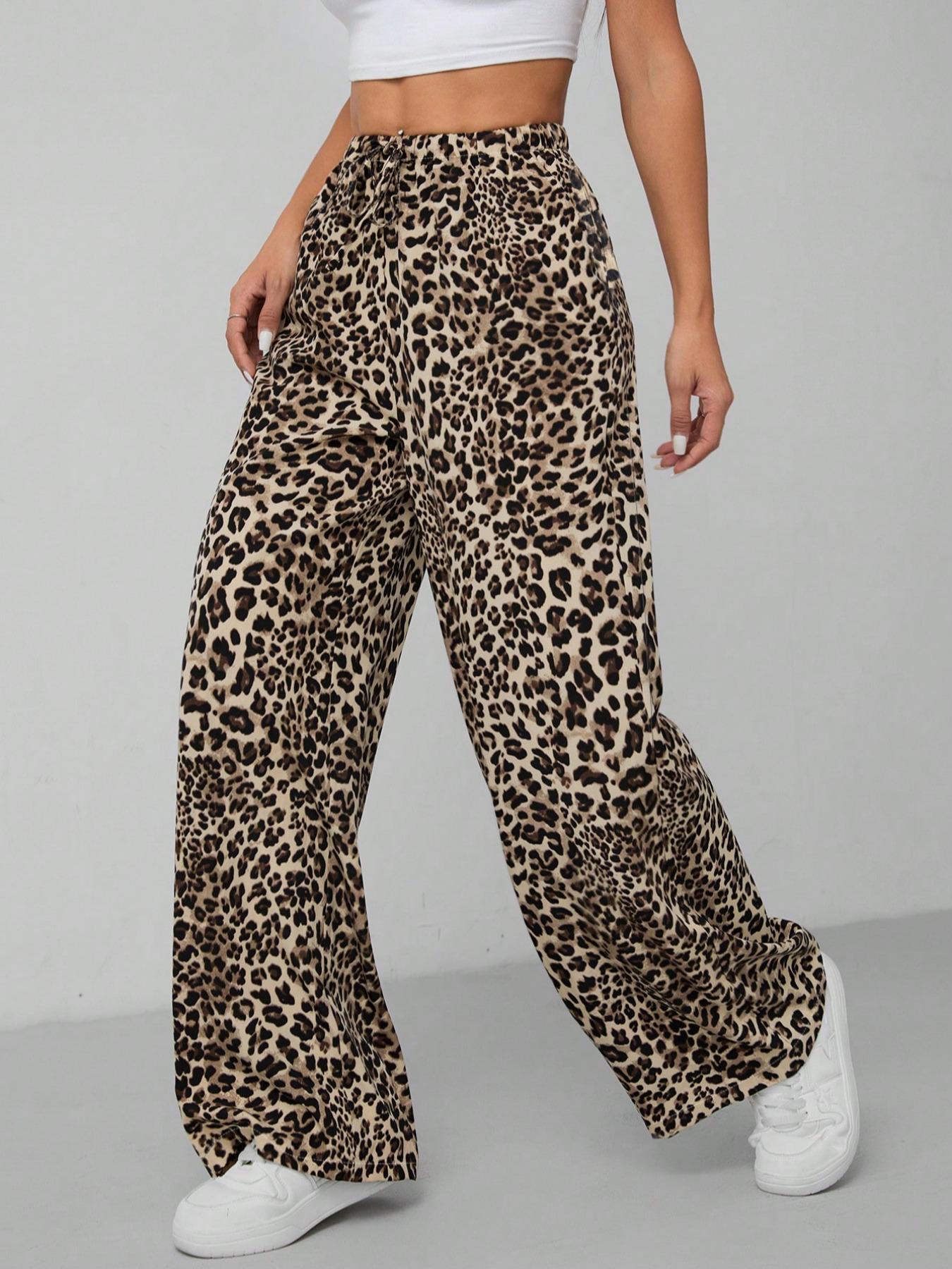 Women's Leopard Print Tie Front Pocket Wide Leg Pants, Casual Comfy Straight Leg Trousers for Daily Wear, Ladies Bottoms for All Seasons, Womenswear