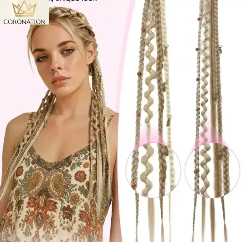 2Pcs Boho Clip In Braid Hair Extensions, Aesthetic Handmade Dreadlock Hair Pieces with Beads & Charms, 20 Inch Synthetic Braided Hair Accessories, Easy Wear Reusable Festival Hair Decor for Daily Outfits, Cosplay, Party & Vacation Styling