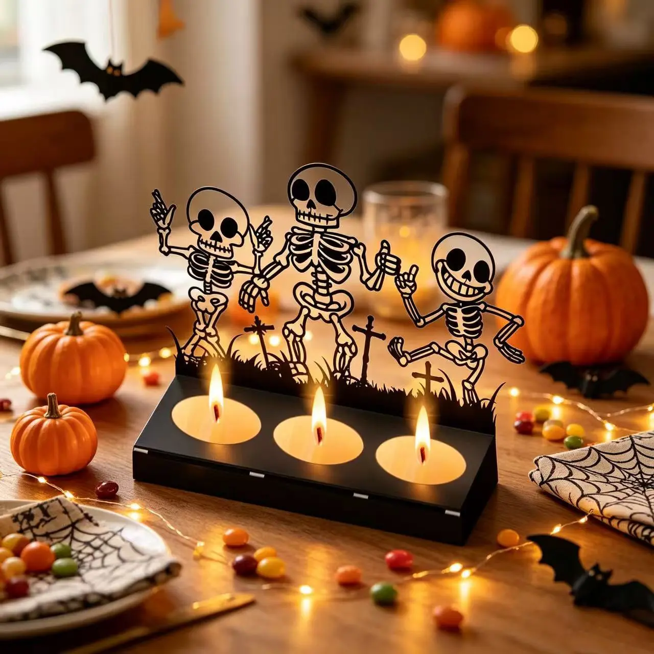 Halloween Dancing Skull Shadow Iron Candle Holder, Perfect for Festive Table Decor, Home Bar Party Setup, Special Holiday Gift Choice