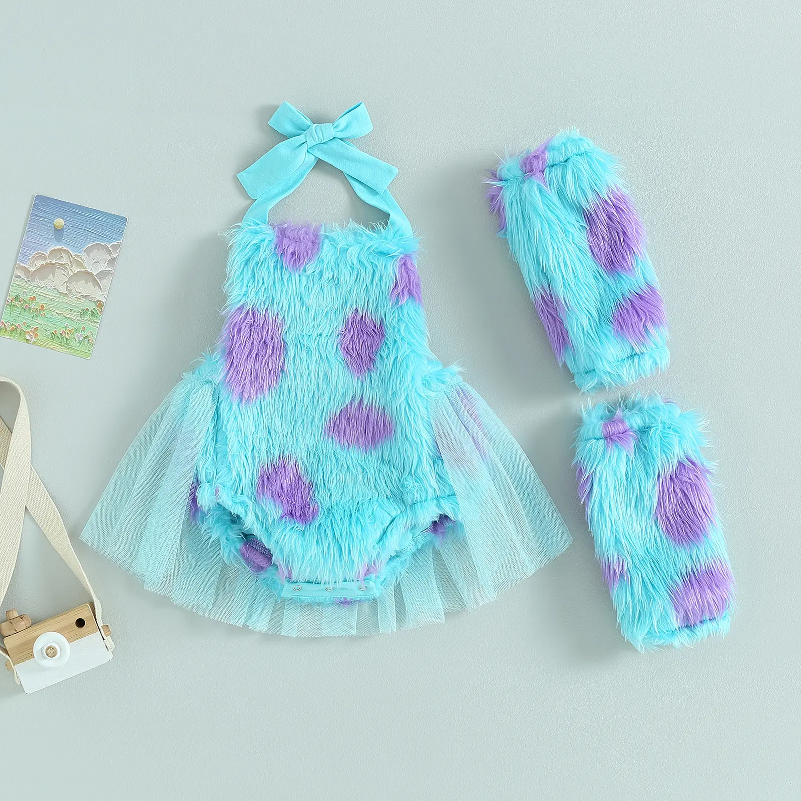 Infant Girl Rompers Sleeveless Tie-Up Halter Neck Mesh Hem Backless Print Fur Jumpsuits Baby Clothes Bodysuits with Leg Warmers