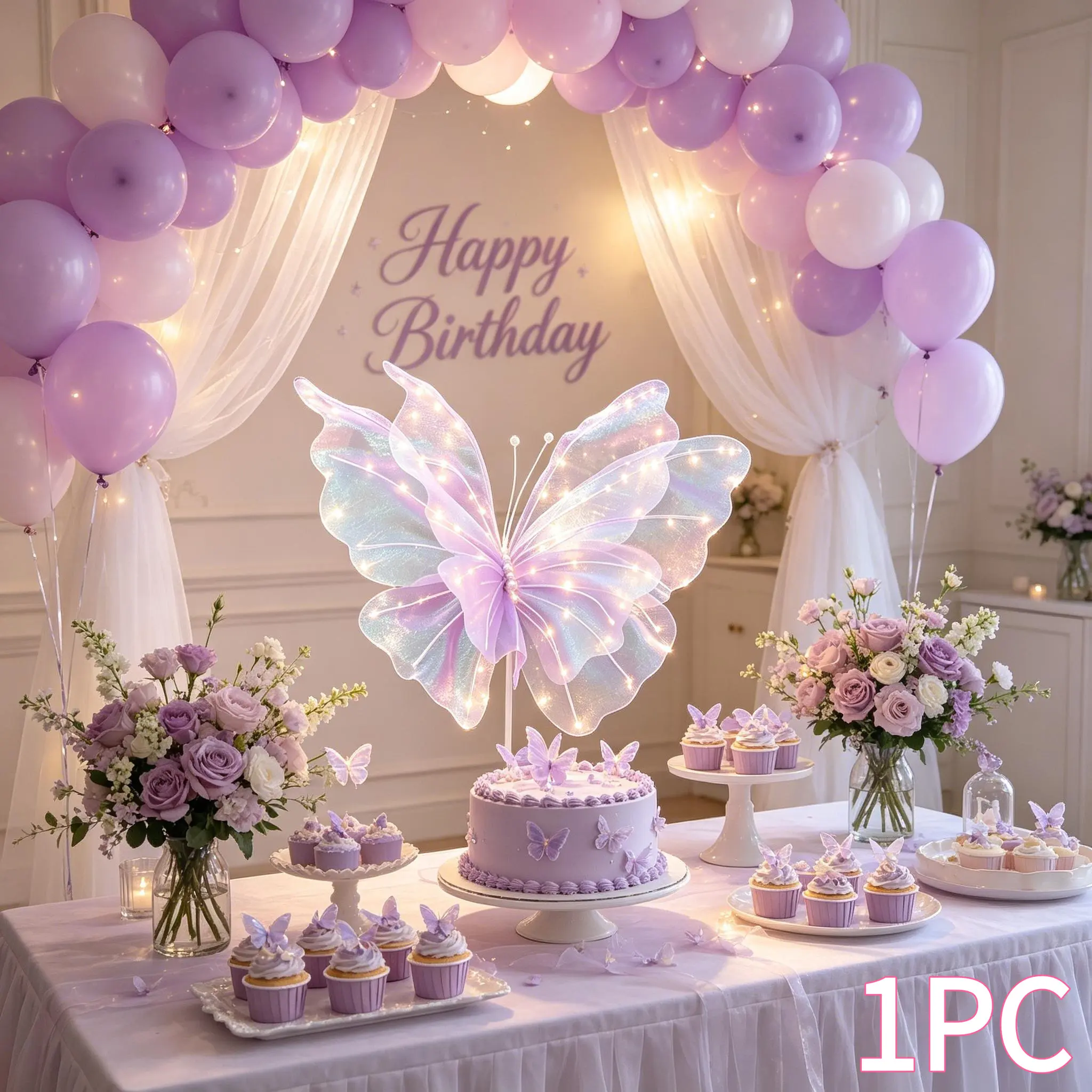 1PC LED Lighted Organza Butterfly Table Centerpiece Decor, 1 Butterfly with Battery Box, Iridescent Sheer Butterfly Lamp, Purple & White 2‑Color Options, Atmosphere Decor for Birthday, Baby Shower, Wedding Backdrop, Cake Table