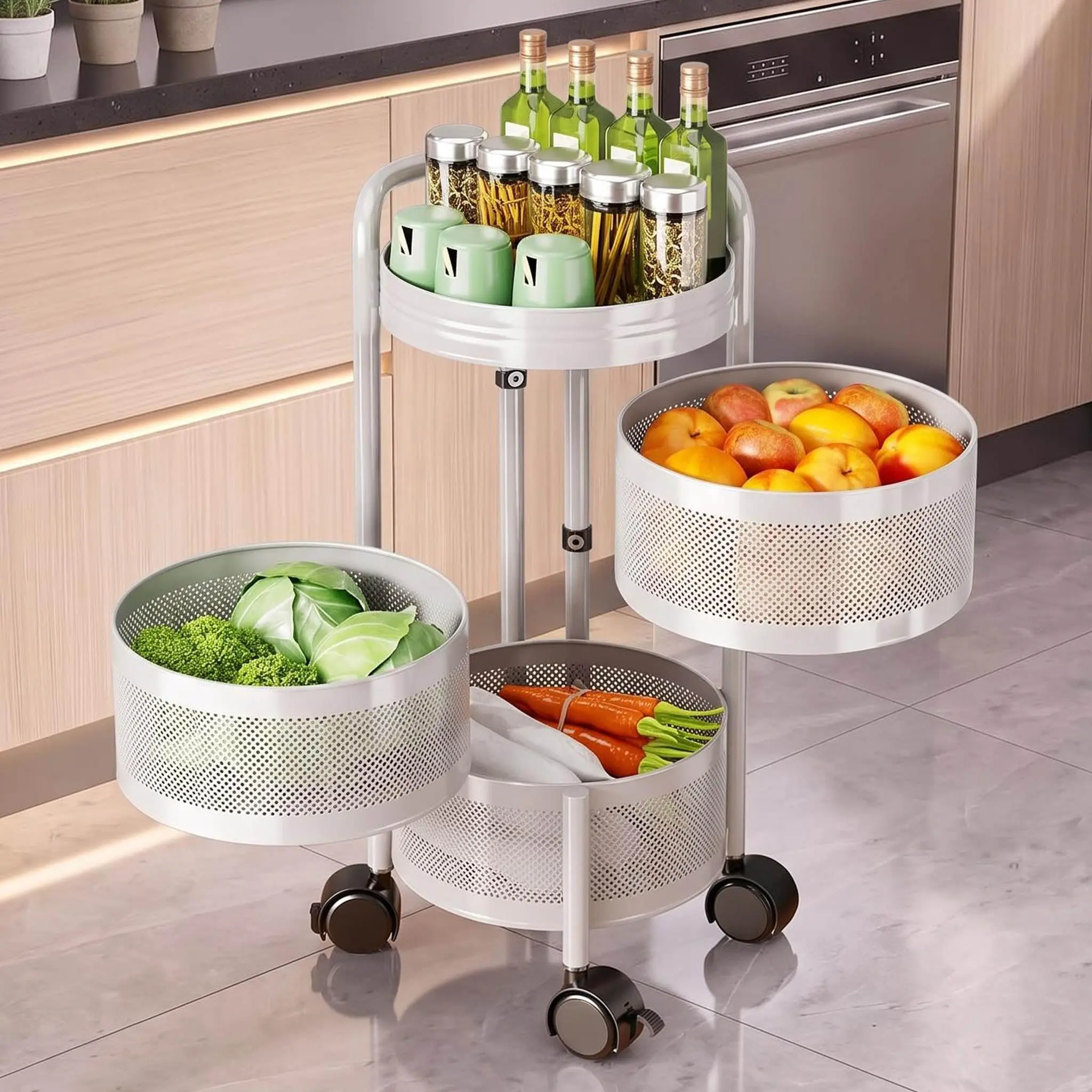 Carbon Steel Rotating Rolling Kitchen Storage Cart, 360° Spin Mesh Basket Organizer Rack, Lockable Wheels, 4-5 Tier Metal Storage for Fruits & Vegetables (Easy Installation)
