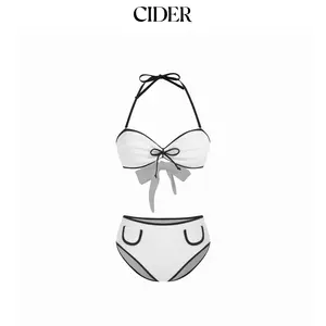 Cider Halter Neckline Contrasting Binding Bowknot Cheeky Bikini Set