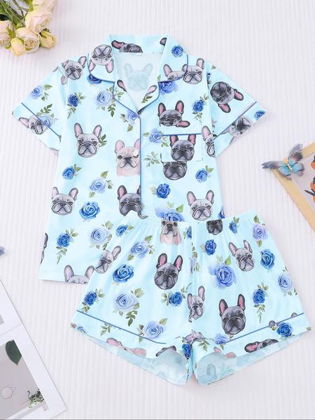 Women's  Dog and Floral  Print Shirt & Elastic Waist Shorts Pyjama Two-piece Set, Casual Comfy Short Sleeve  Top & Shorts Pj Set, Ladies Loungewear Sleepwear for All Seasons