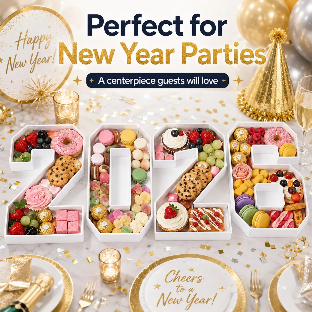 2026 Number Shaped Snack Tray Set, Large Fillable Cardboard Dessert Boxes with 4 Independent Containers, White Party Food Display Plates for Candy, Fruit, Cupcakes, Cookies, New Year, Graduation, Anniversary, Birthday Party Decor & Table Centerpiece