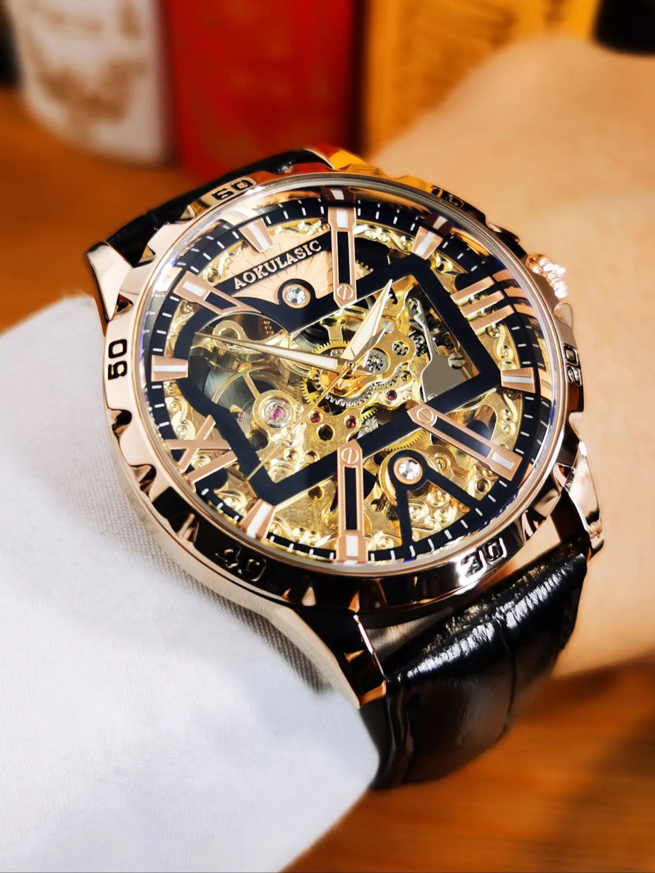 1pc Fashion Luxury Skeleton Automatic Mechanical Watch for Men Golden Dial Top Brand Leather Strap Business Casual Mens Watches Gifts With Box Analog Mechanical Watches Mechanical Wristwatch