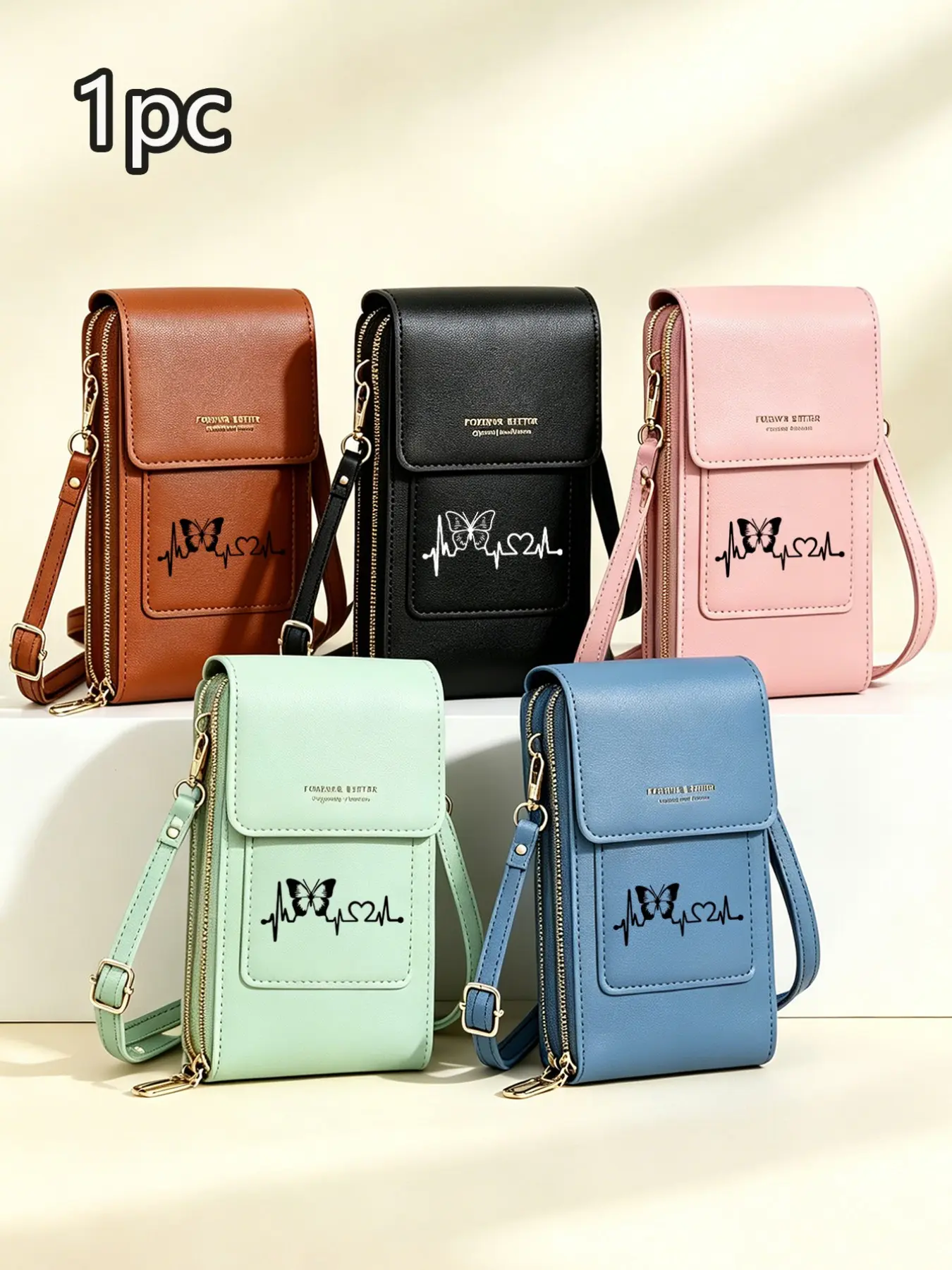 Minimalist Multi-Compartment Crossbody Phone Bag, Butterfly Print, Soft Lightweight PU Leather Mini Shoulder Wallet, Unisex Daily Use, Chic Crossbody Bag