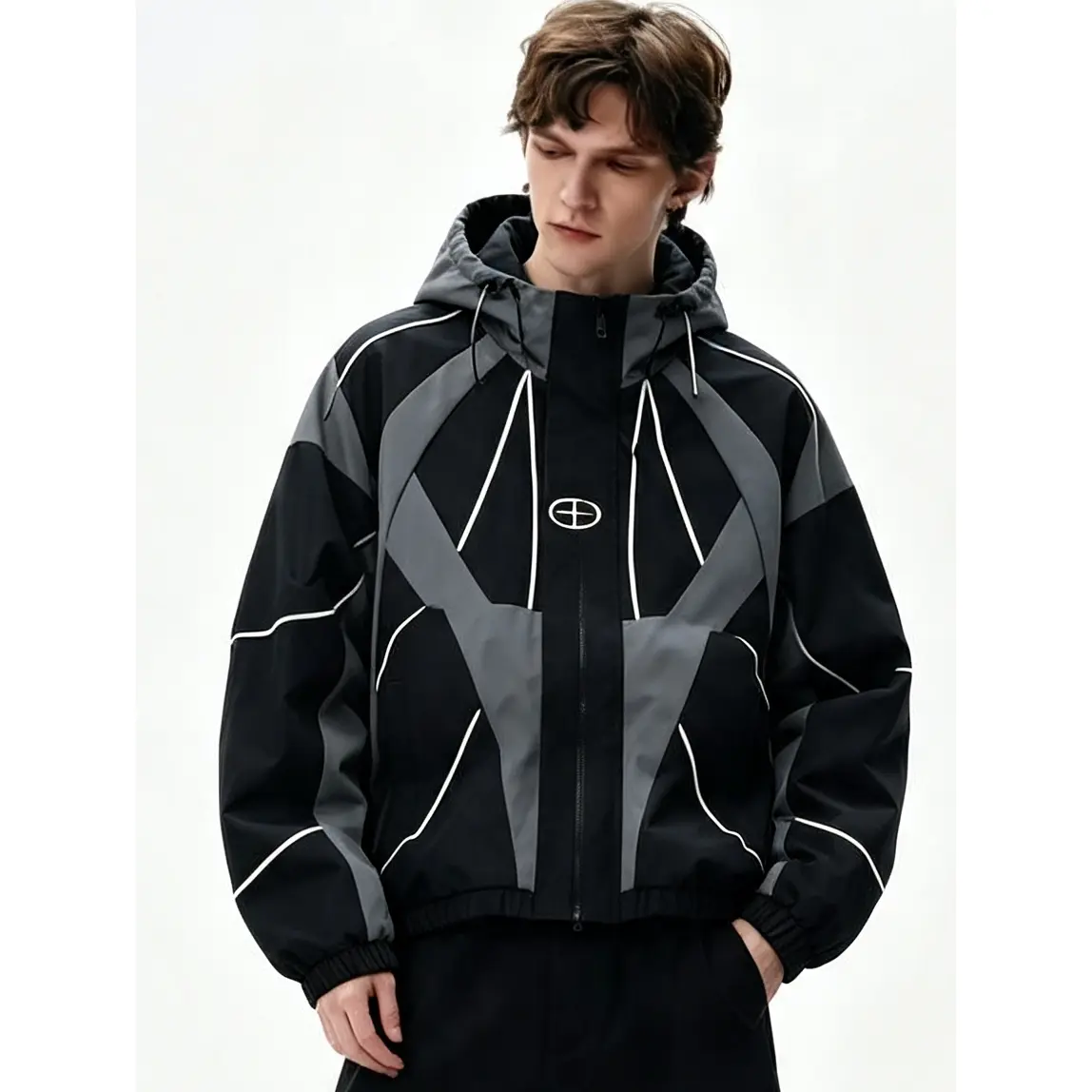Men's Oversized Waterproof Windbreaker Jacket - Menswear Tops, Polyester Medium Length Hooded Techwear Streetwear Shell Coat, Longsleeve, Diagonal Pockets, Zip-Up Relaxed Fit, Machine Wash for Outdoor Casual Wear