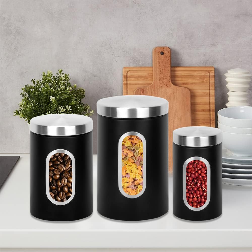 Black Kitchen Counter Canister set 3 count, 0.9/1.6/2.9 Quarts Stainless Steel Flour Sugar Coffee Biscult Storage Containers with with Long Spoon&Visible Black Kitchen Counter Canister set 3 count, 0.9/1.6/2.9 Quarts Stainless Steel Flour Sugar Coffee Biscult Storage Containers with with Long Spoon&Visible