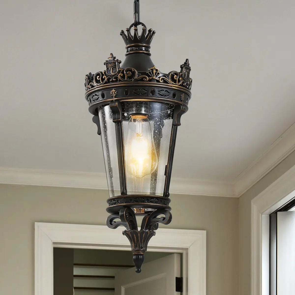 7.9in L * 7.9in W * 17.7in H Coffee Gold Crown Outdoor Pendant Light, Waterproof, Windproof, Rustproof Aluminum-Glass, E26 Hardwired, Adjustable Chain, AC Power Supply, Distinctive Crown Top Decorative Silhouette Vintage Hanging Lantern for Porch Garden