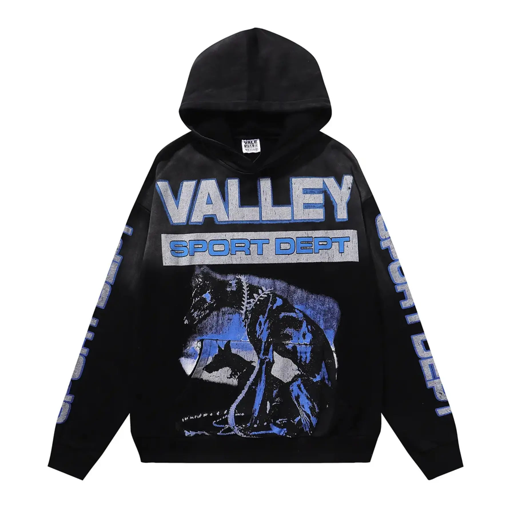 VALLEY SPORT DEPT Doberman Dog Graphic Full Print Vintage Washed Pullover Hoodie 100% Cotton Loose Oversized Y2K Hooded Sweatshirt Autumn Winter Streetwear Top Unisex