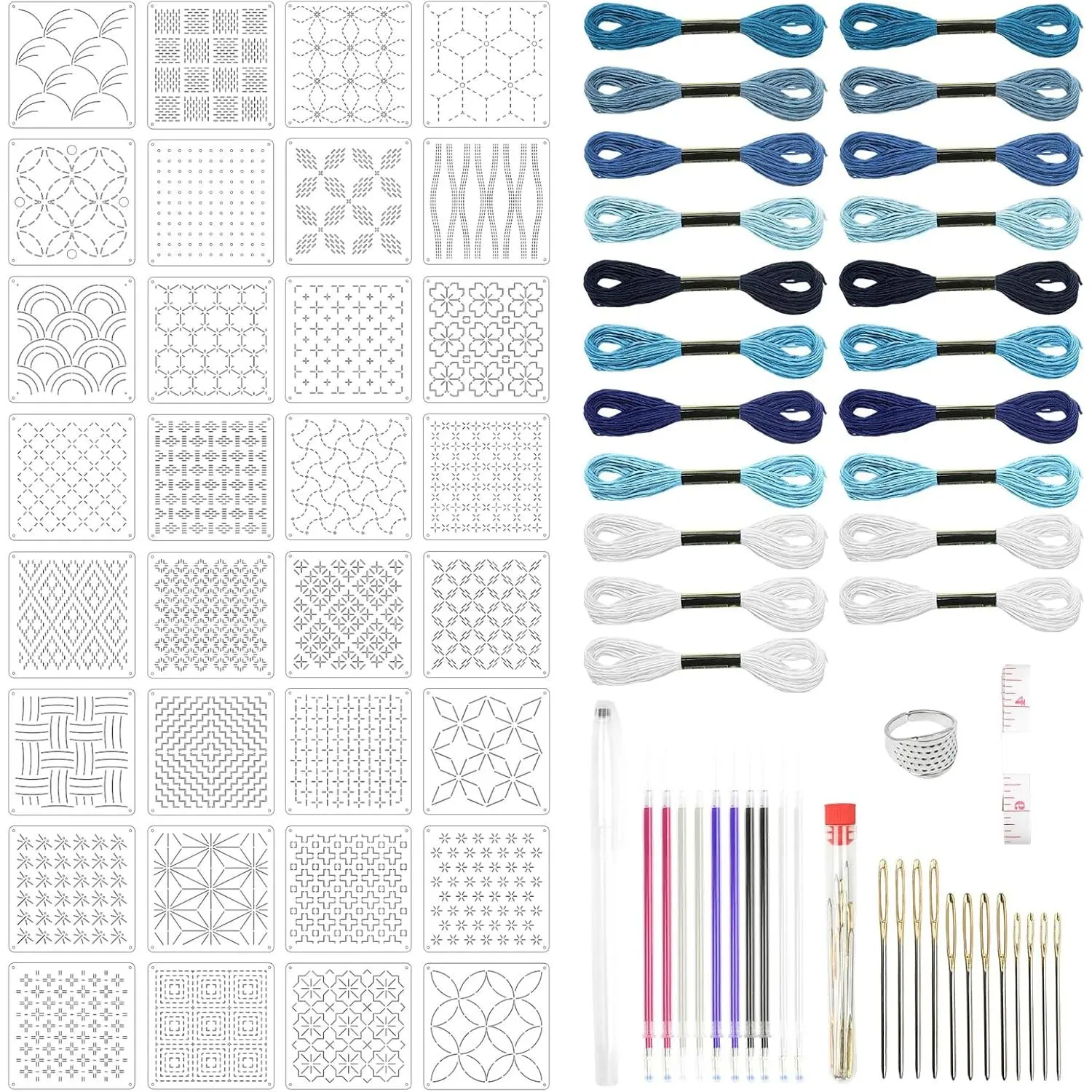81 Pcs Sashiko Embroidery Kit with Templates, Thread, Needles, Thimble, Pens for Hand Quilting, Sewing and Mending Supplies