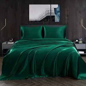 4pcs Satin Sheets Set Luxury Silky Satin Bedding Set with Deep Pocket, 1 Fitted Sheet + 1 Flat Sheet + 2 Pillowcases (Queen Size, Blackish Green)