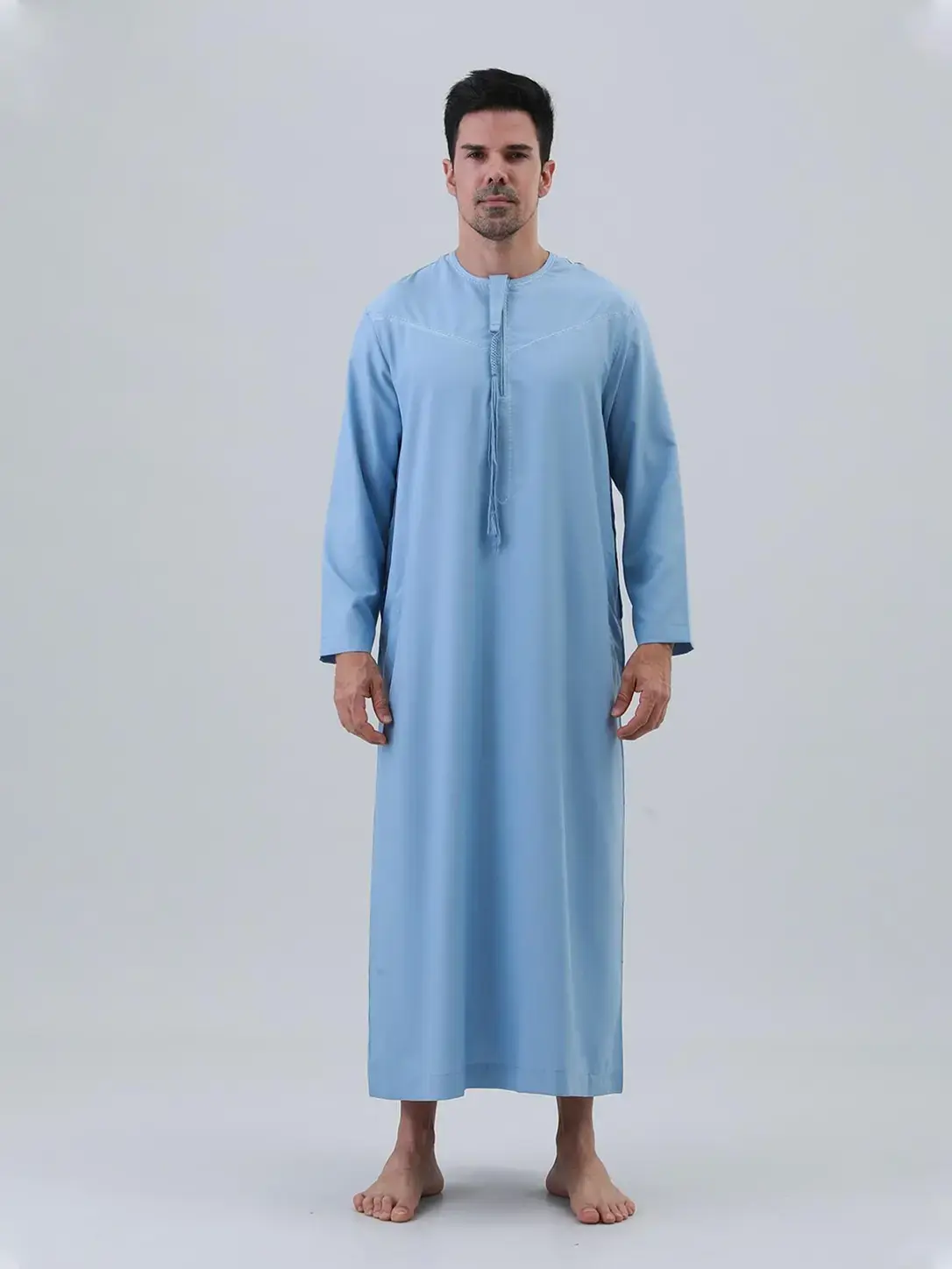 Light Blue Embroidered Fringe Men's Muslim Robe, Breathable Loose Fit Arab Prayer Dress, Casual Daily Wear, Eid Gift