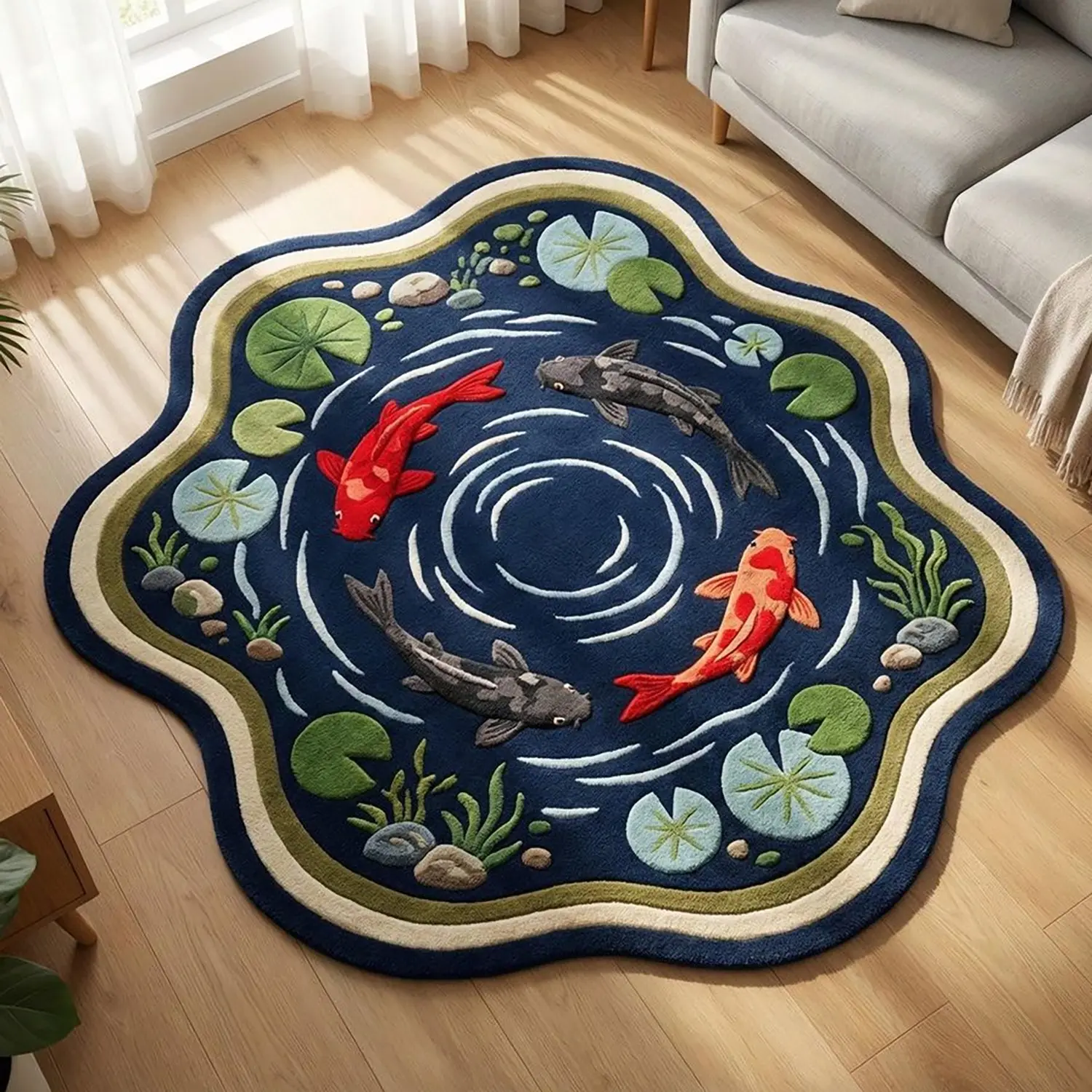 New Oriental Koi Fish Lotus Irregular Carpet, Living Room Bedroom Decorative Rug, Year-Round Prosperity Symbol, Universal Use